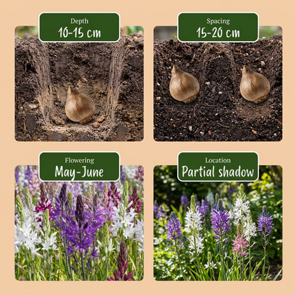 Guide de plantation des bulbes de Camassia de Leichtlin, avec profondeur, espacement, floraison et exposition.