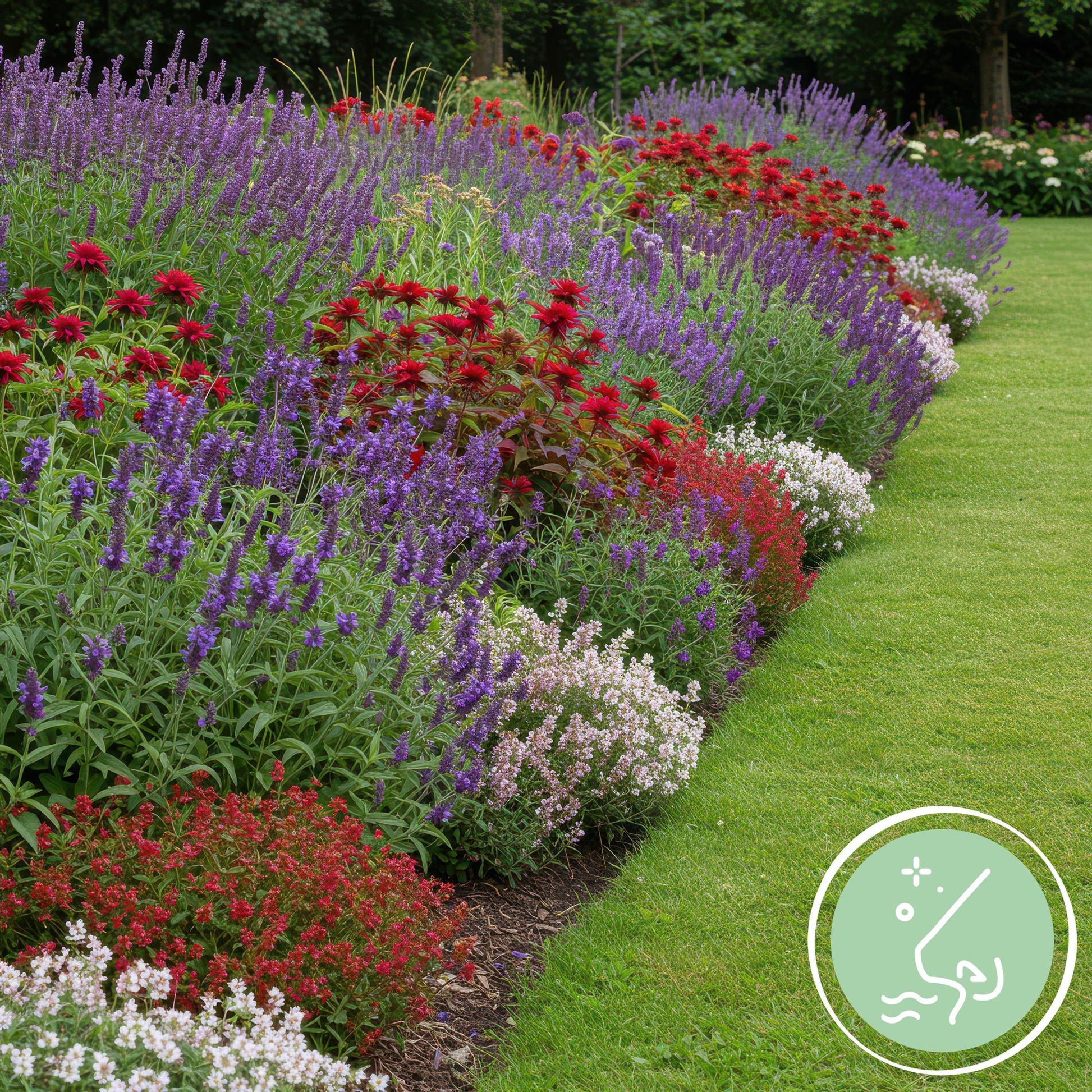 Plantes vivaces en pack pour massif. Un parterre coloré de fleurs rouges, violettes et blanches le long d'une pelouse verte, soulignant le p