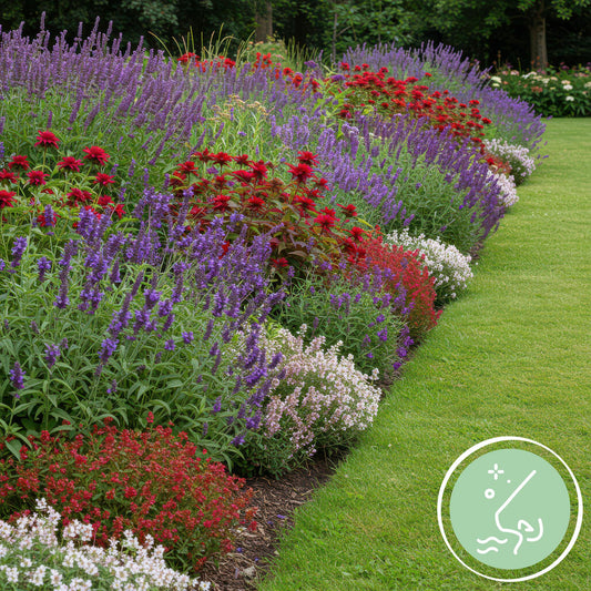 Plantes vivaces en pack pour massif. Un parterre coloré de fleurs rouges, violettes et blanches le long d'une pelouse verte, soulignant le p