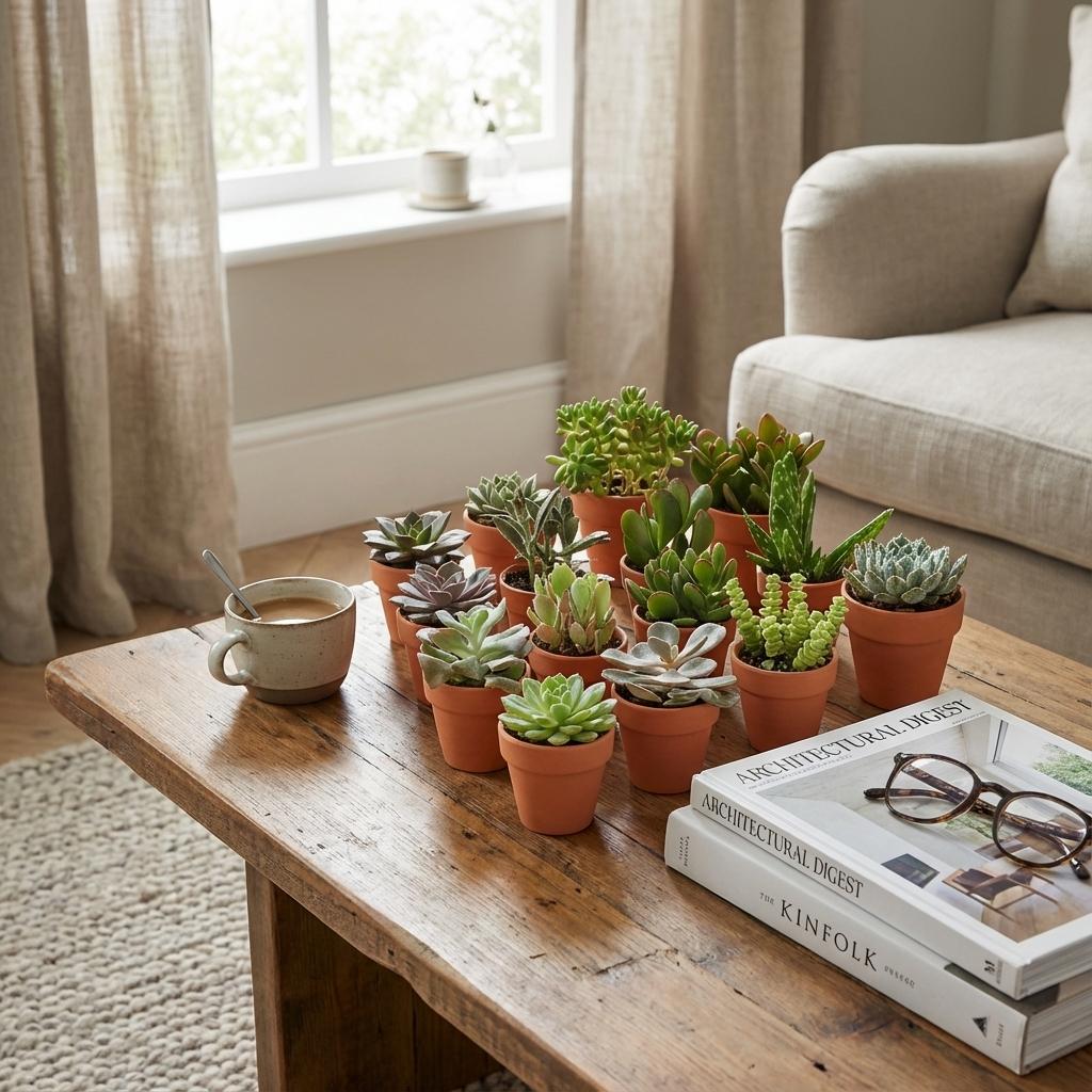 Assortiment de mini Succulentes aux feuillages variés, disposées dans des pots en terre cuite sur une table en bois