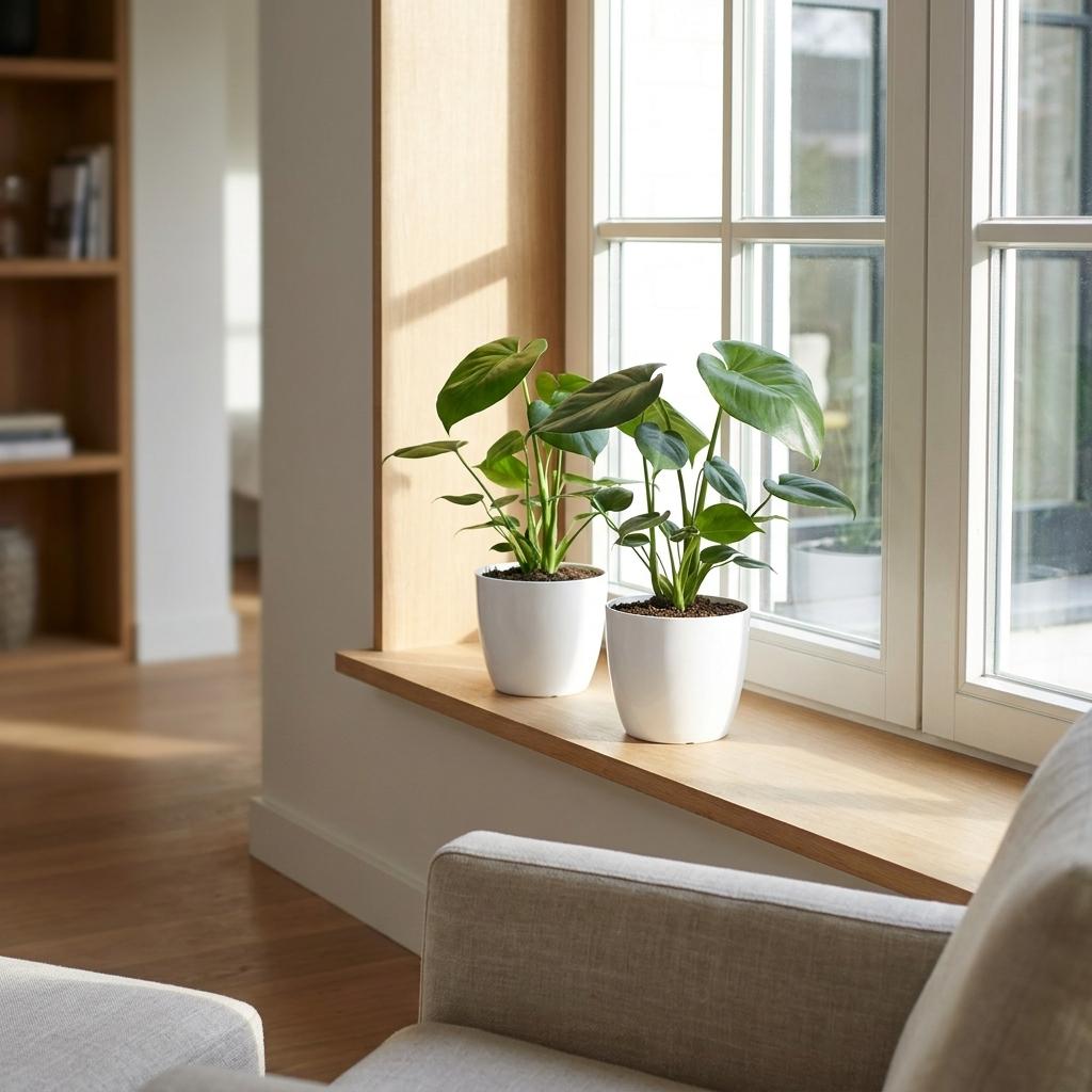 Deux jeunes Monstera Deliciosa en pot blanc de 12cm posés sur un rebord de fenêtre en bois clair dans un salon lumineux