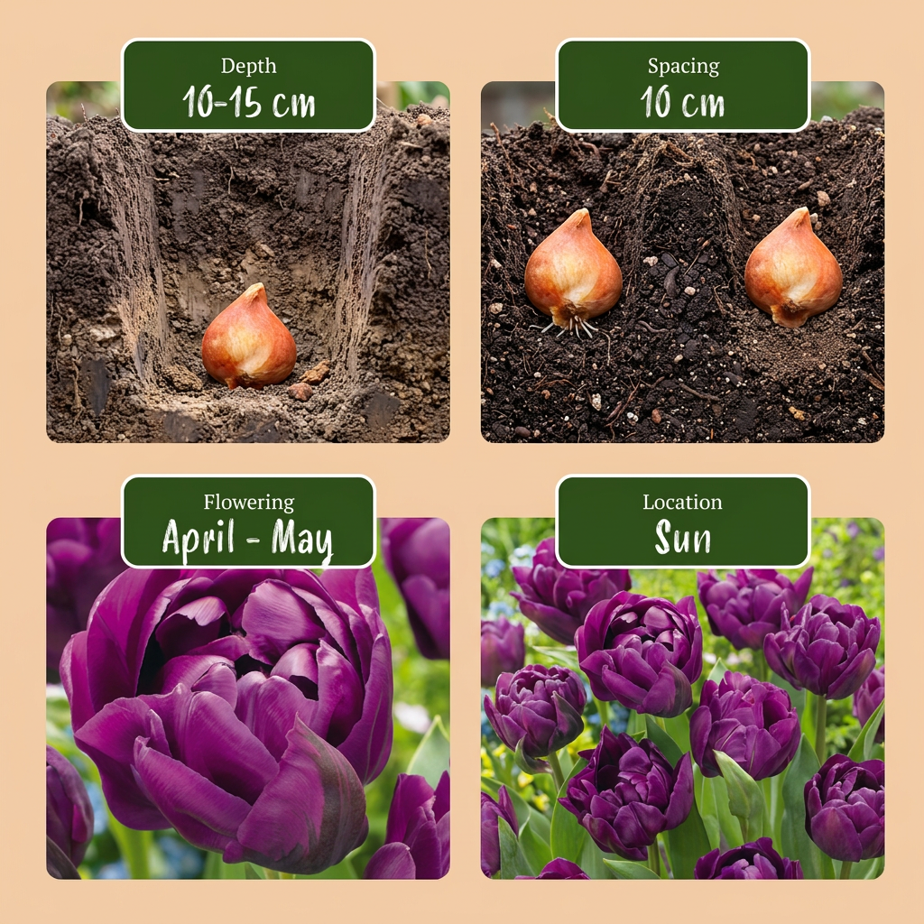 Guide de plantation des bulbes de Tulipe double lilas avec conseils sur la profondeur, l'espacement, la floraison et