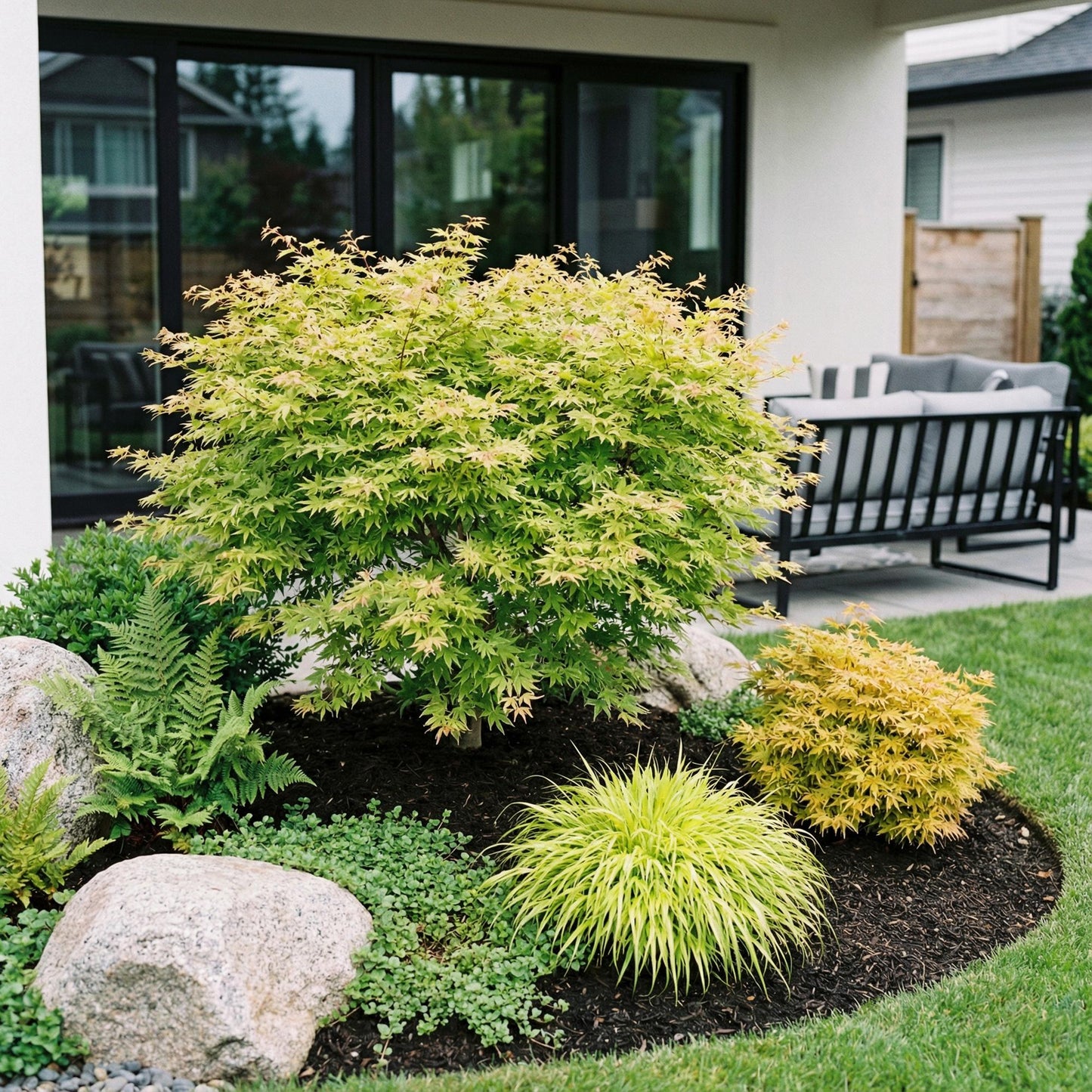Érable japonais 'Acer palmatum Methamorphosa' au feuillage vert et jaune, entouré d'autres plantes dans un jardin paysagé avec terrasse.