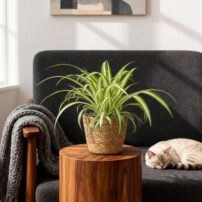Plante d'intérieur - Chlorophytum comosum Variegatum - Plante Araignée Panachée - Plante Amie des Animaux - Verte - 1 Plante - avec Panier - Pot 12cm - Hauteur 20cm