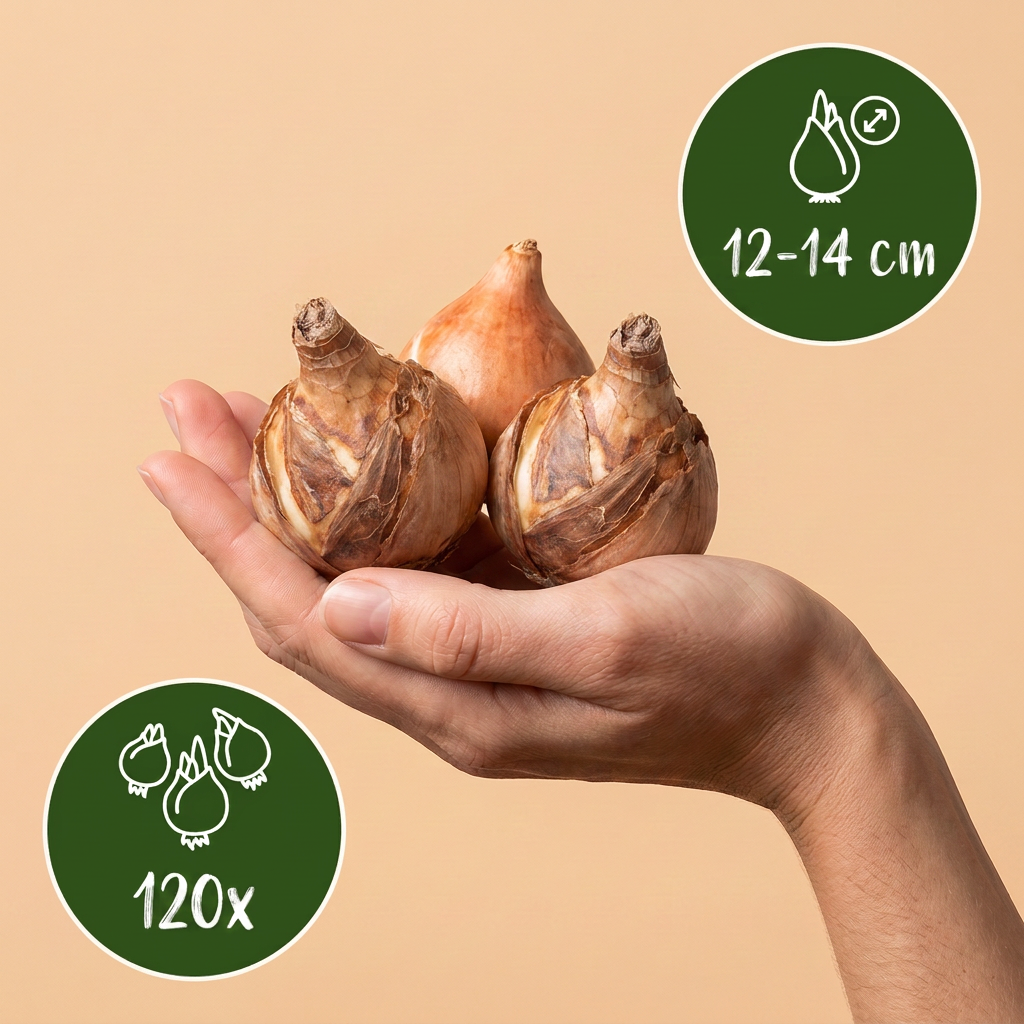 Bulbes de Narcisse 'Carlton' tenus dans une main, calibre 12-14 cm, lot de 120 bulbes.