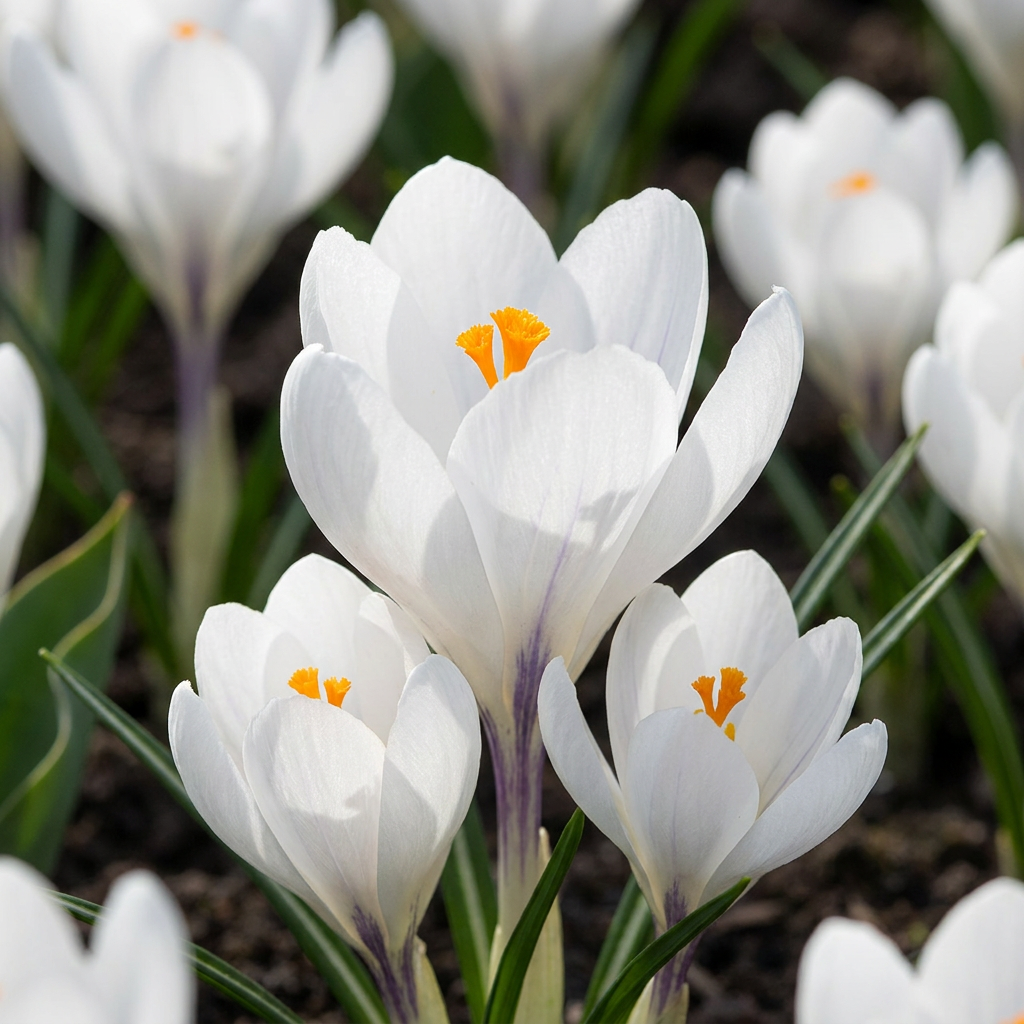 Massif de crocus blancs épanouis avec des pistils orange vifs, poussant en pleine terre.