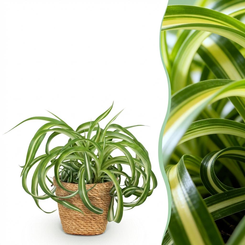 Chlorophytum comosum Bonnie plante d'intérieur bouclée en pot 12cm avec cache-pot blanc, hauteur 20cm