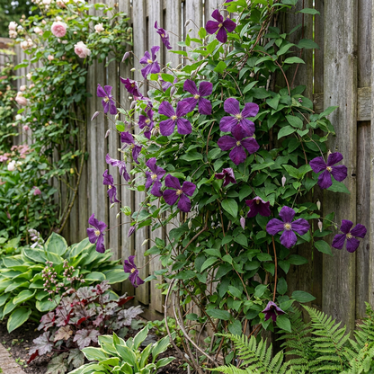 Clématite Viticella 'Polish Spirit' (Clematis) - grimpante à fleurs abondantes violet intense