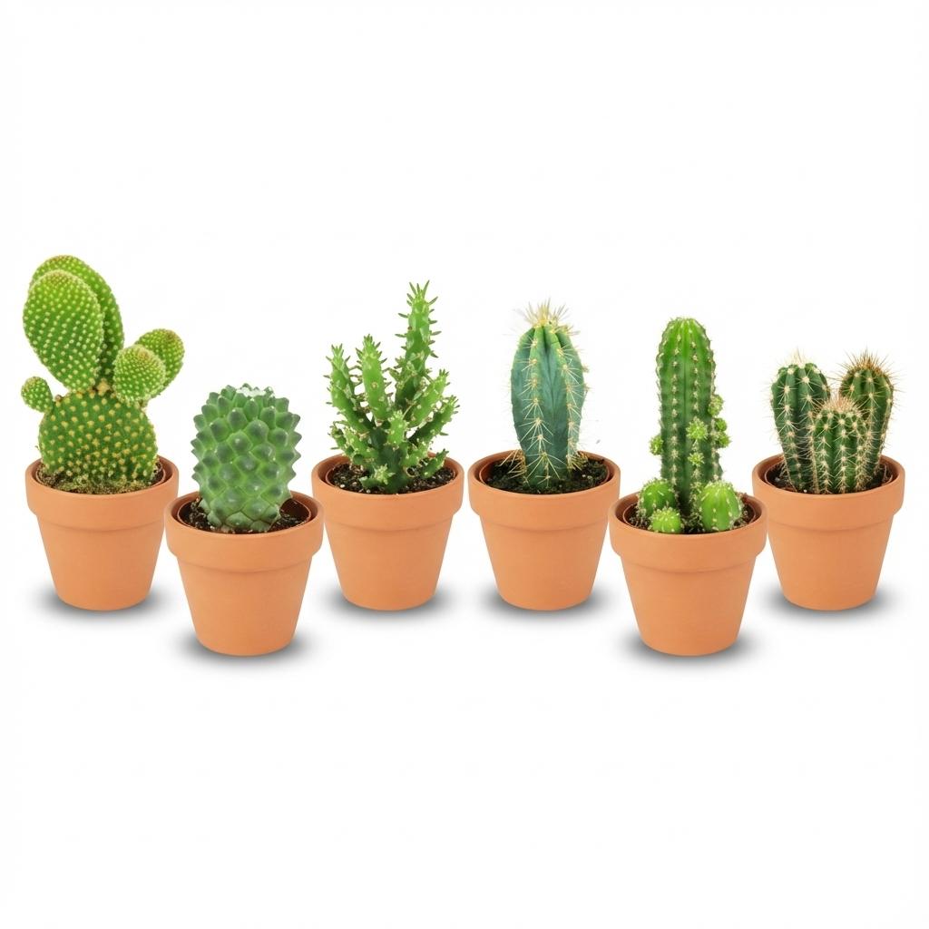 Un mini mélange de six cactus verts de formes variées présentés dans des pots en terre cuite sur un fond blanc uni
