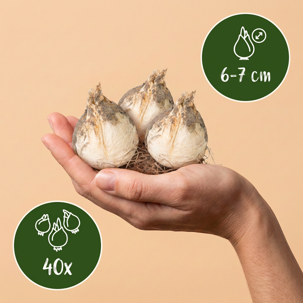 Bulbes d'Ail d'ornement 'Ping Pong' tenus dans une main, calibre 6-7 cm, lot de 40 bulbes.