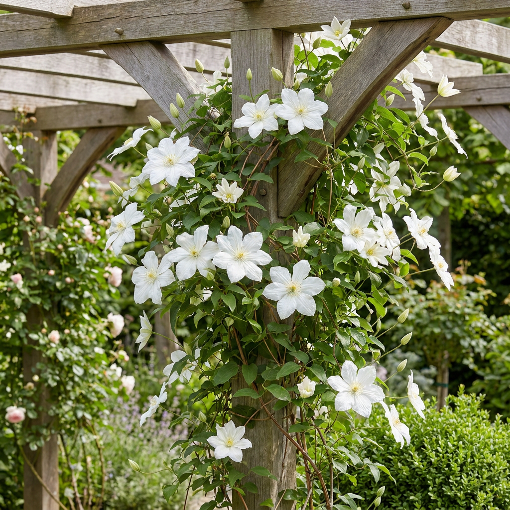 Clématite 'Huldine' (Clematis) - grimpante à grandes fleurs blanc nacré