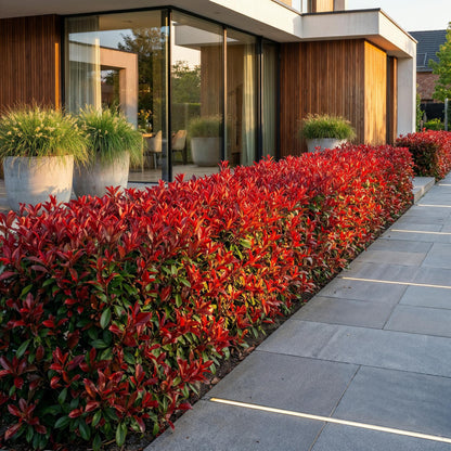 Photinia fraseri Little Red Robin en haie basse, avec son feuillage rouge vif et vert, devant une maison moderne.