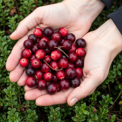 Vaccinium macrocarpon 'Early Black', des airelles rouges fraîchement cueillies, tenues dans des mains au-dessus d'un feuillage vert.