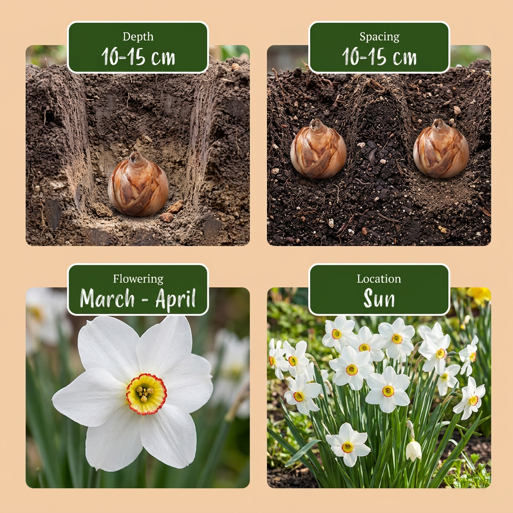 Guide de plantation des bulbes de Narcisse des poètes : profondeur, espacement, floraison mars-avril, emplacement ensoleillé.