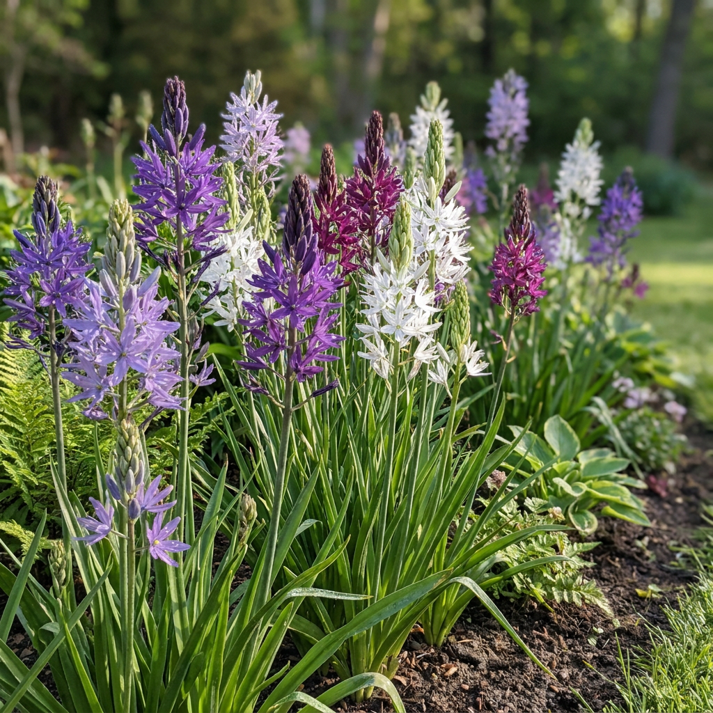 Massif de Camassia de Leichtlin en mélange bleu, violet et blanc en pleine floraison dans un jardin ensoleillé.