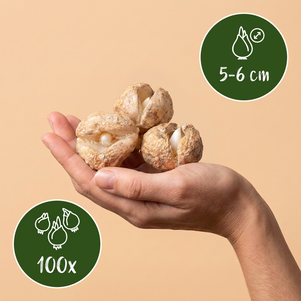 Bulbes de Perce-neige géant tenus dans une main, calibre 5-6 cm, lot de 100 bulbes.