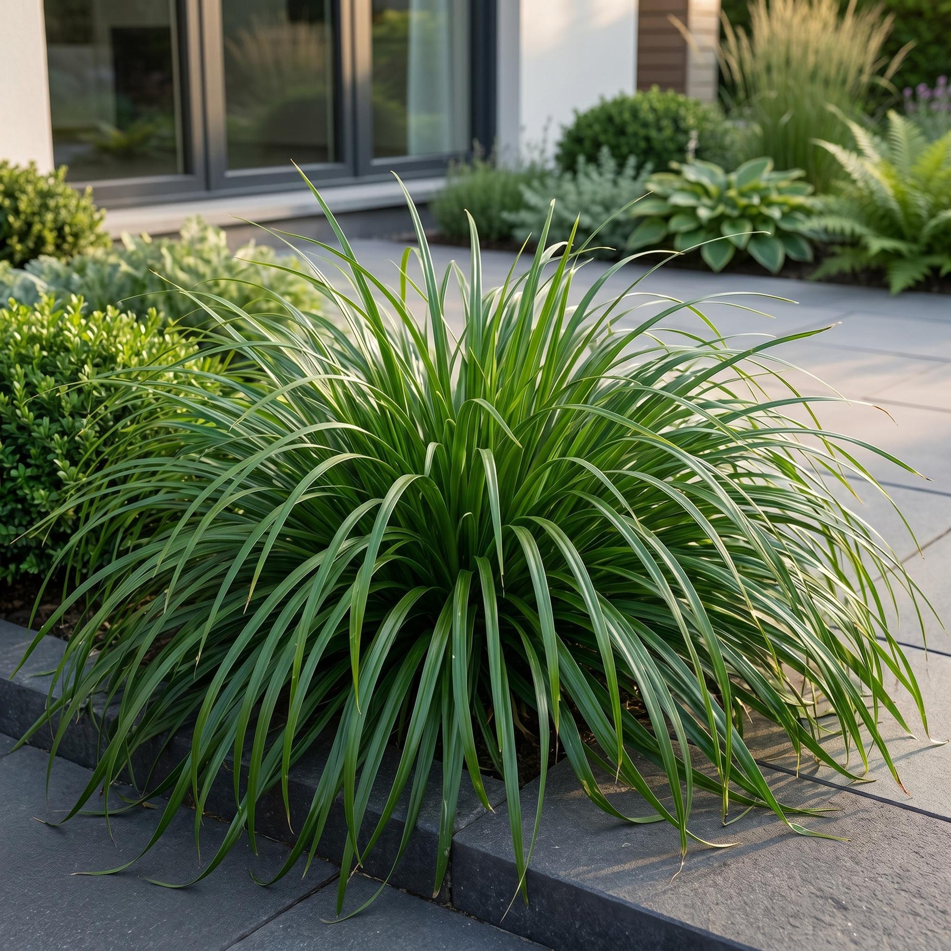 Carex oshimensis Evergreen, laîche du Japon, en scène dans un jardin moderne, ses feuilles vertes élancées apportant de la texture à un mass