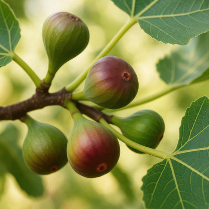 Ficus carica Little Miss Figgy. Gros plan sur plusieurs figues violettes et vertes en cours de maturation, accrochées à leur branche, entour