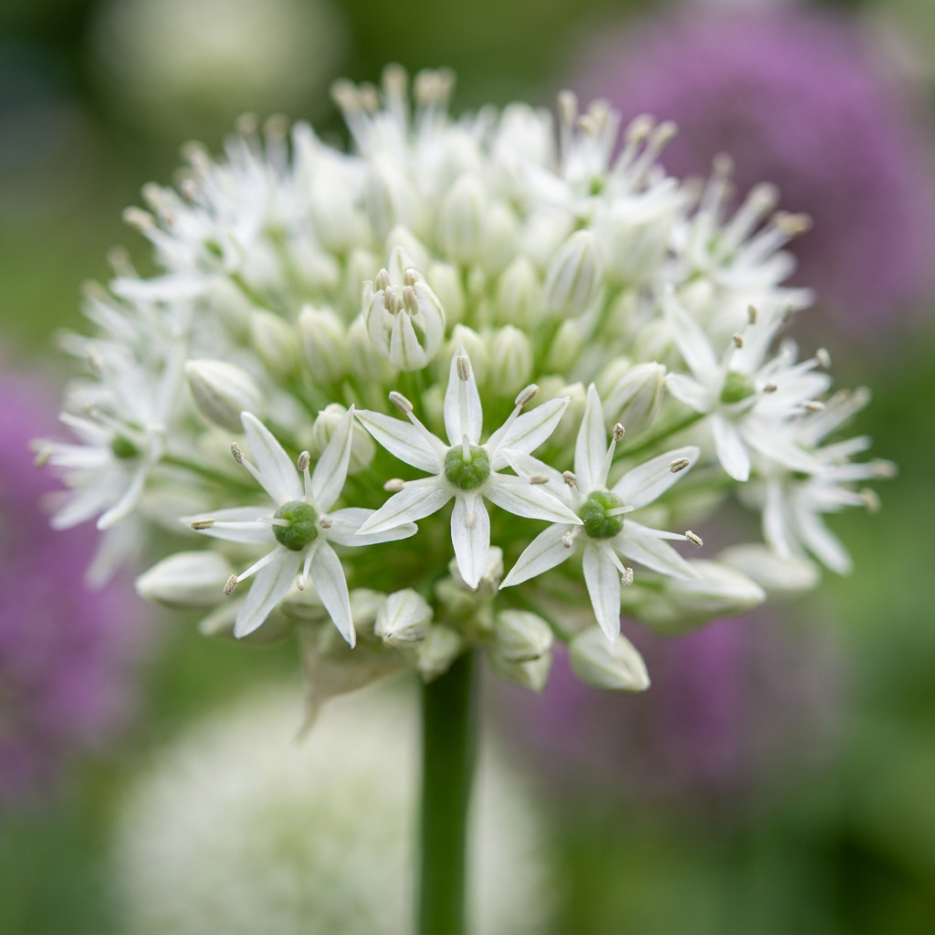 Gros plan sur la fleur blanche étoilée de l'Ail d'ornement 'Mount Everest' (Allium) en floraison.