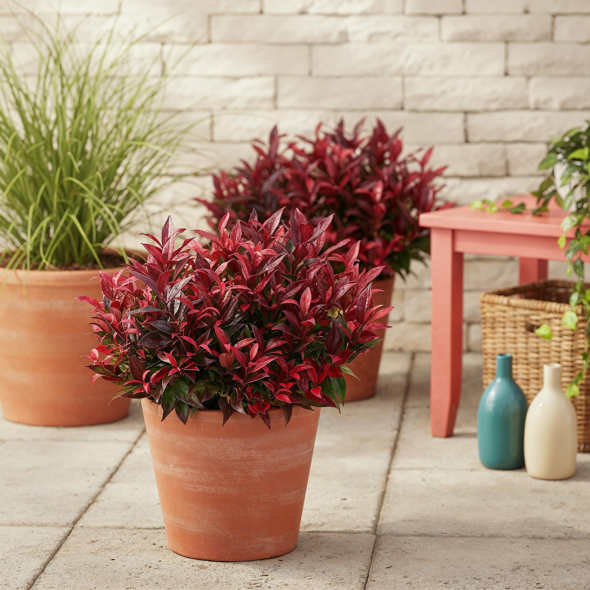 Leucothoe Zeblid en pot sur une terrasse, arbuste bas aux feuilles rouges intenses, pour un jardin d'extérieur ou un balcon.