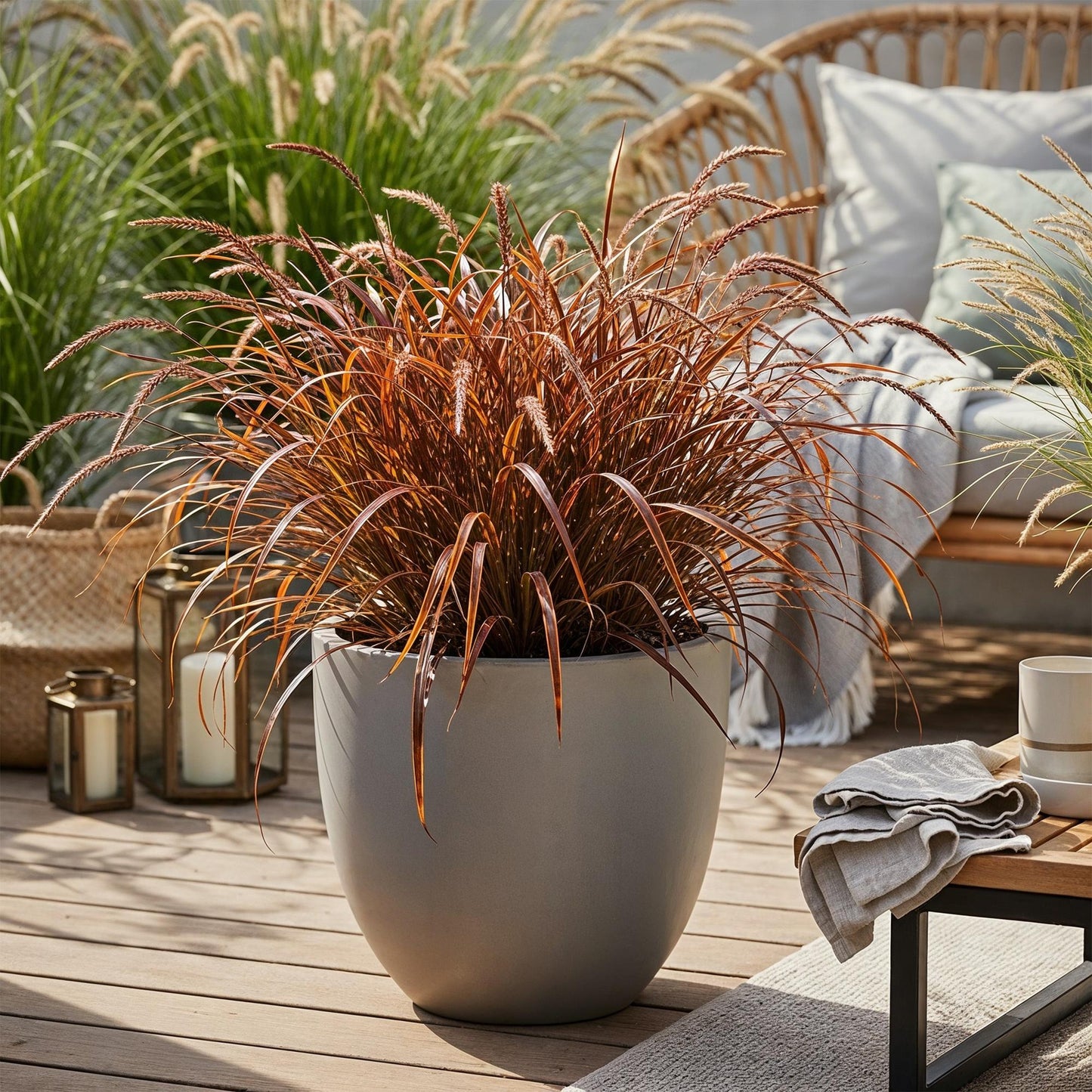 Uncinia rubra Everflame. Graminées décoratives rouges en pot sur une terrasse en bois, créant une ambiance chaleureuse et naturelle.