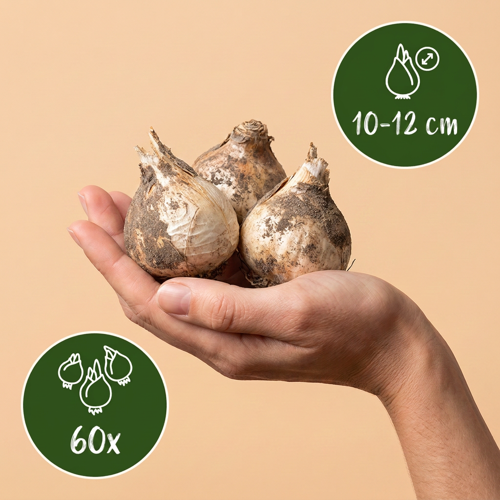 Bulbes d'Ail d'ornement Christophii tenus dans une main, calibre 10-12 cm, lot de 60 bulbes.