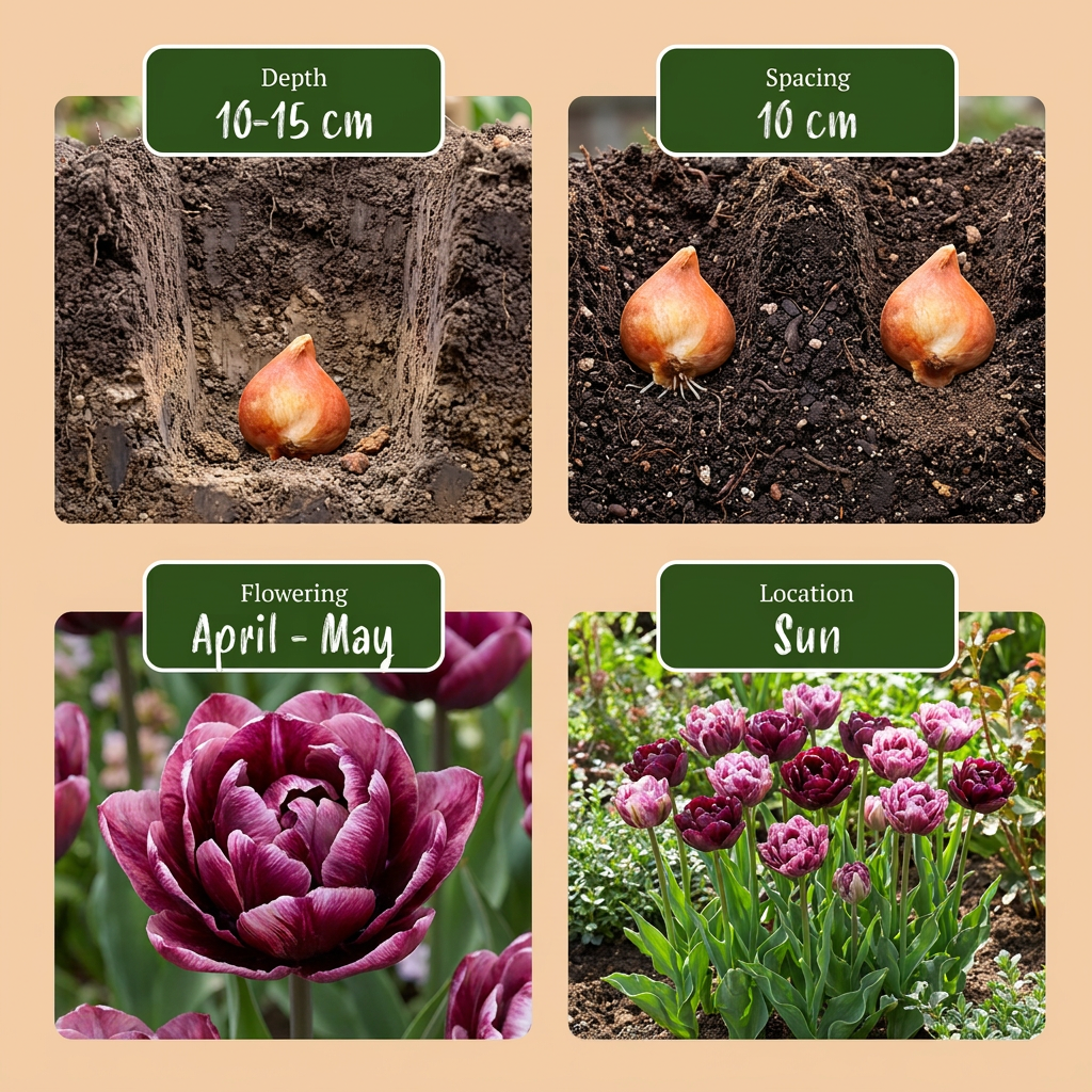 Guide de plantation des bulbes de Tulipe 'Sweet Desire' avec profondeur, espacement, floraison et exposition.