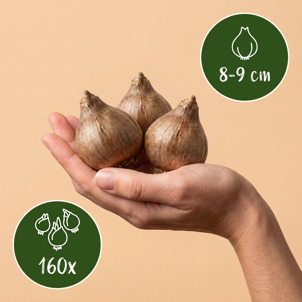 Bulbes de Nivéole d'été tenus dans une main, calibre 8-9 cm, lot de 160 bulbes.