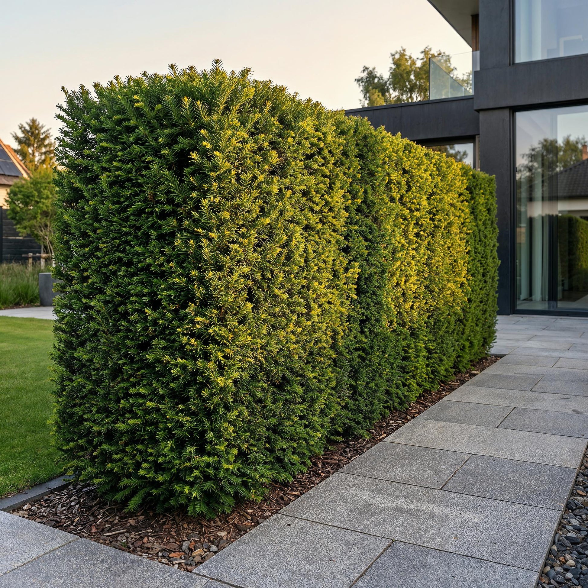 Taxus baccata - If toxique, haie luxuriante et dense de plantes à feuillage persistant, bordant une allée de dalles de pierre grise devant u