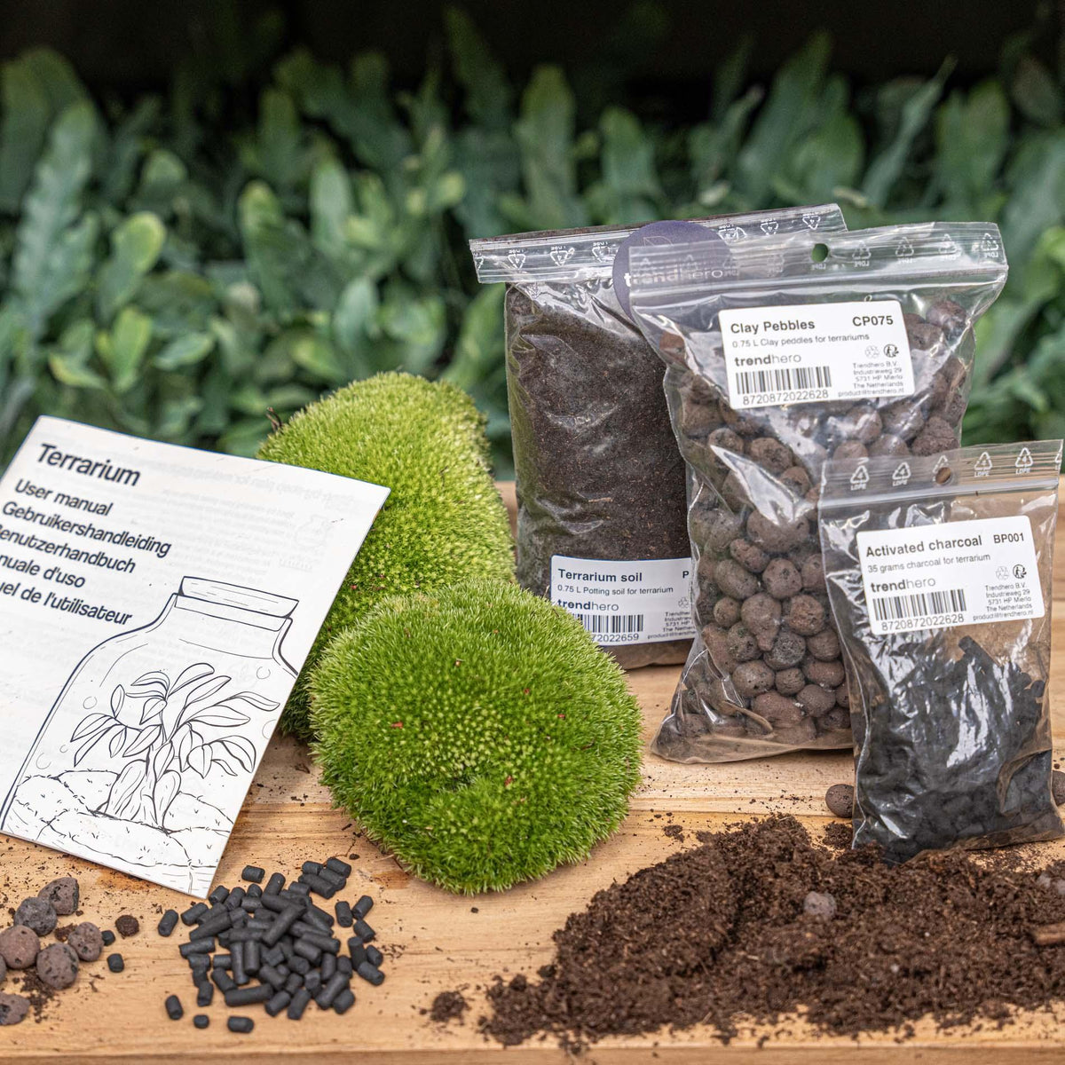 Recharge terrarium et starter kit : mousse, terreau, billes d'argile et charbon actif