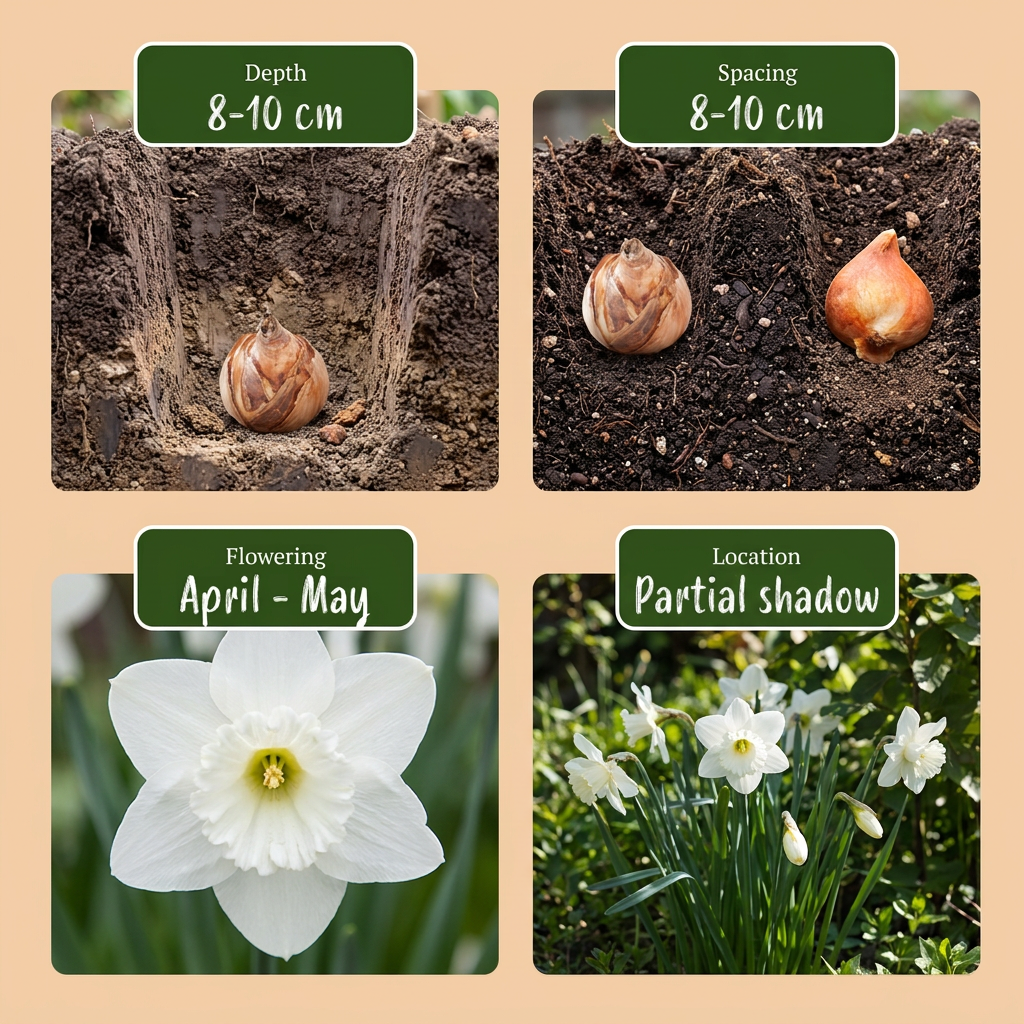 Guide de plantation des bulbes de Narcisse botanique blanc en mélange, avec conseils de profondeur, espacement, floraison et