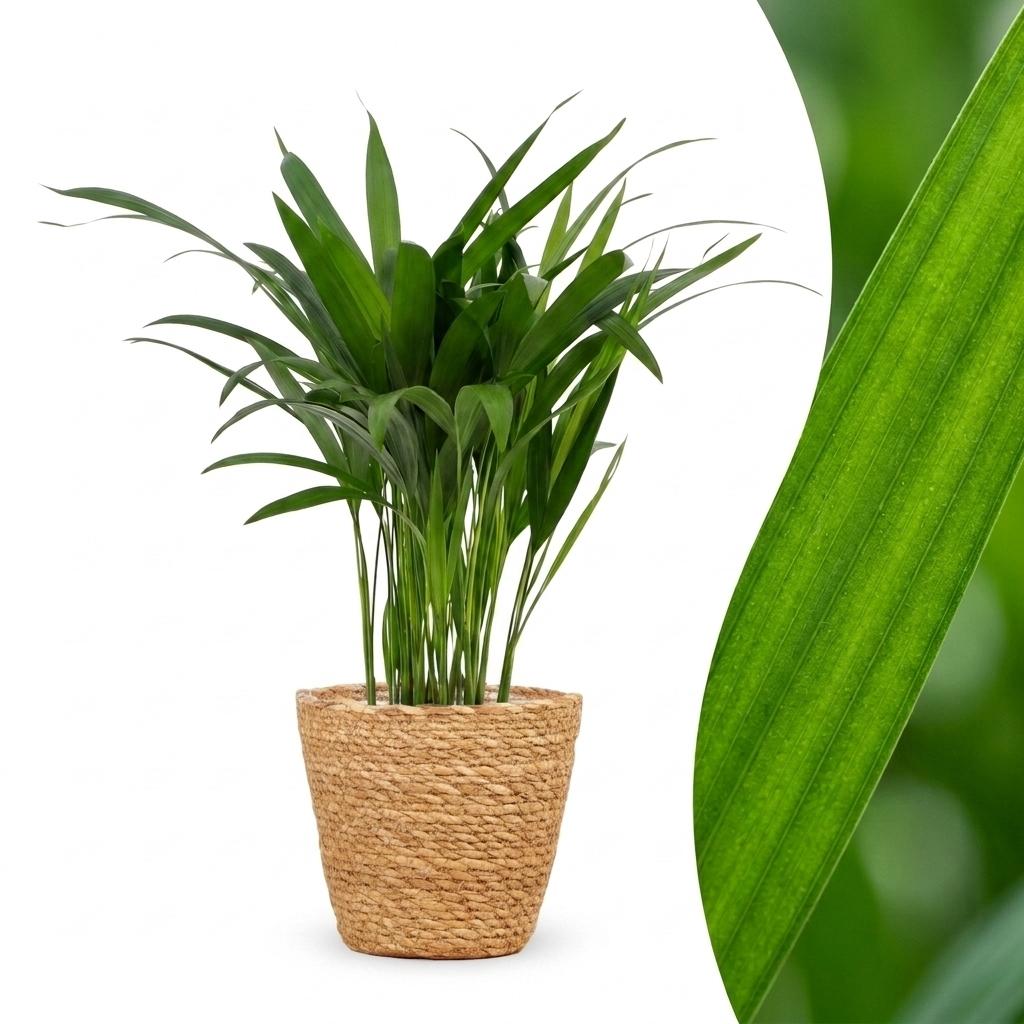 Un Areca Lutescens ou Palmier Areca luxuriant dans un pot en fibre naturelle tressée sur fond blanc