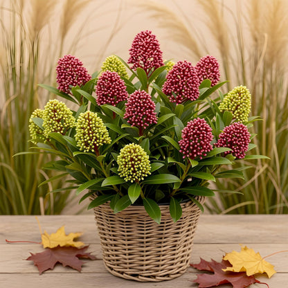 Skimmia 'Festival' au jardin, Skimmia japonica
