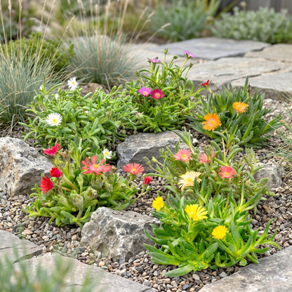 Delosperma mix avec ses fleurs multicolores (blanches, roses, rouges, oranges, jaunes) planté dans un jardin rocailleux.