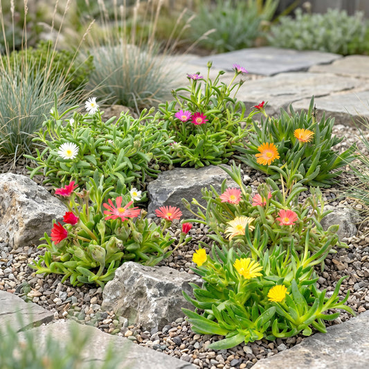 Delosperma mix avec ses fleurs multicolores (blanches, roses, rouges, oranges, jaunes) planté dans un jardin rocailleux.