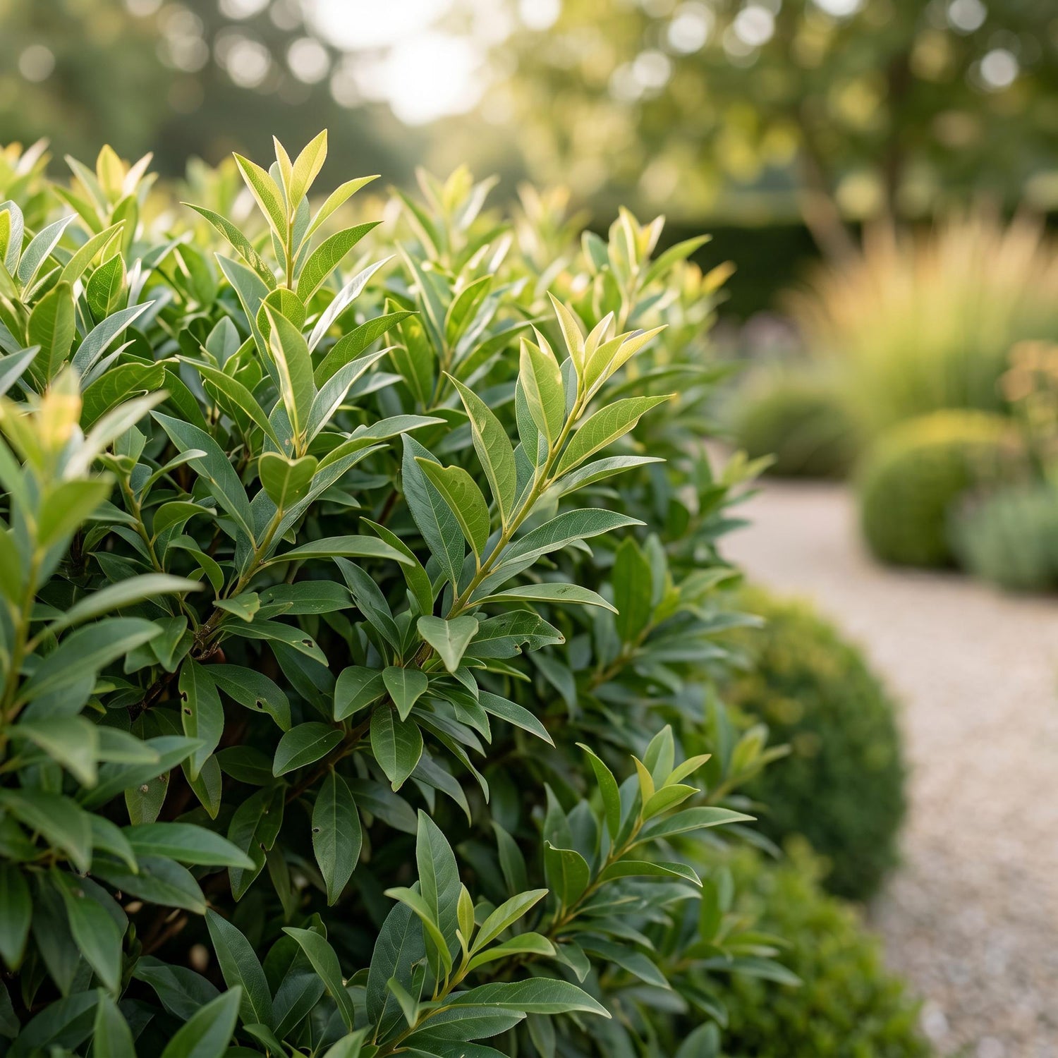 Prunus lusitanica Angustifolia. Gros plan sur un feuillage vert brillant et dense, avec un chemin de gravier et d'autres plantes de jardin e