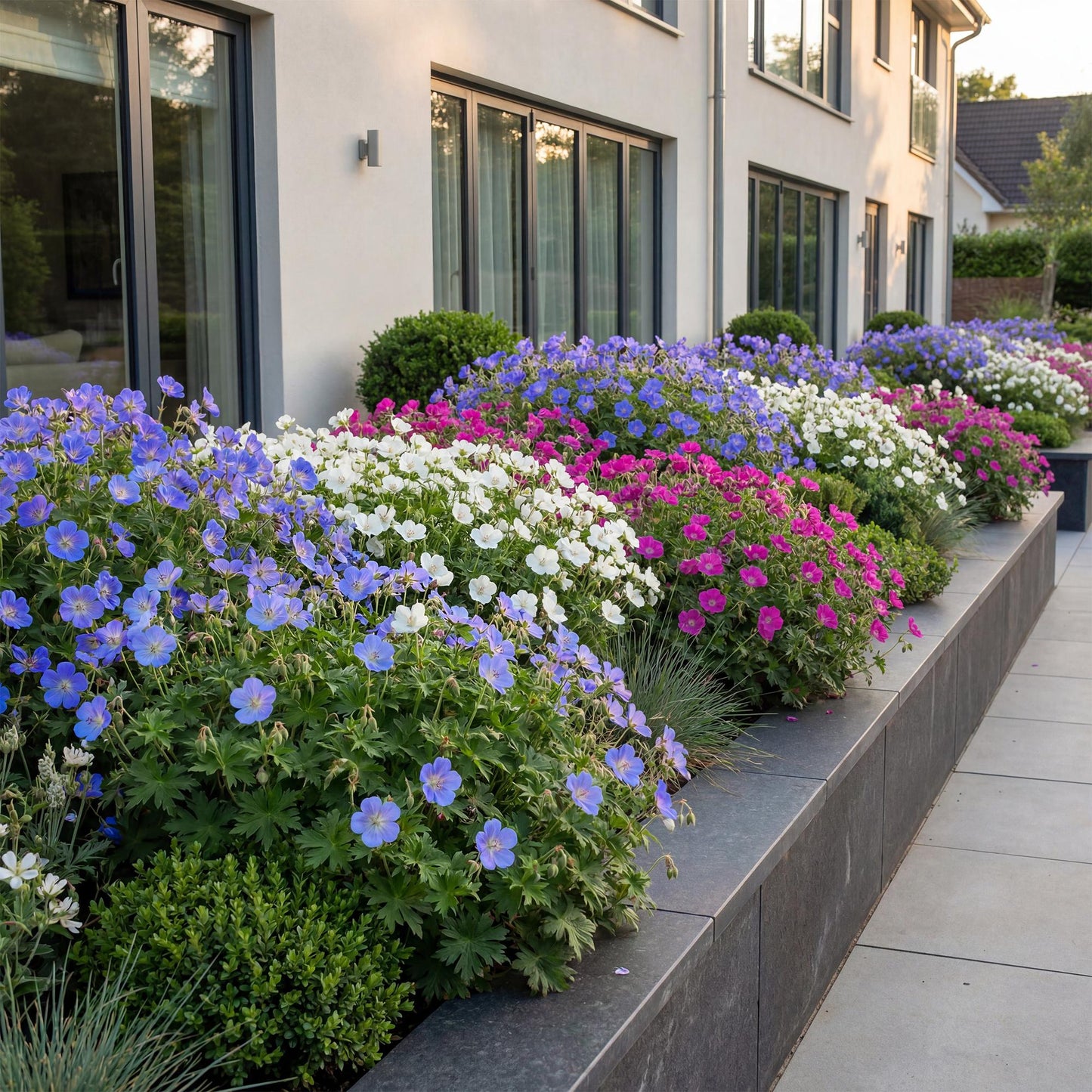 Géranium Tricolour. Parterre de géraniums violets, roses et blancs devant une maison moderne, créant une bordure colorée et luxuriante.