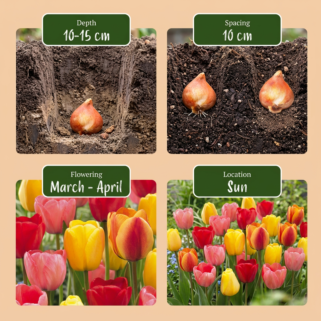 Guide de plantation des bulbes de Tulipes Darwin Hybride en mélange, détaillant profondeur, espacement, floraison et
