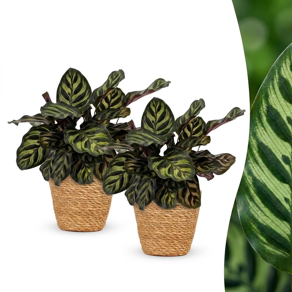 Deux magnifiques Calathea Makoyana, aux feuilles vertes et foncées avec des motifs uniques, sont présentées dans des cache-pots Panier