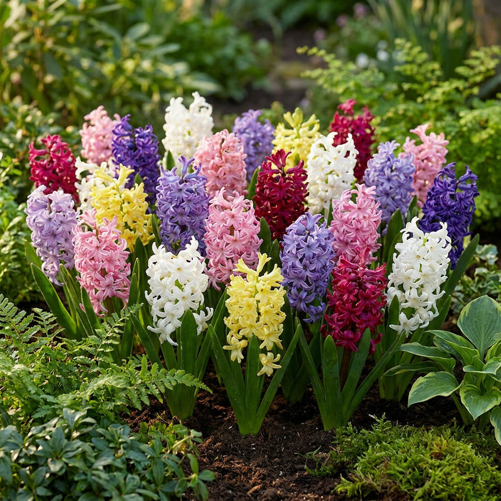 Jacinthes en mélange de couleurs vives dans un jardin printanier.