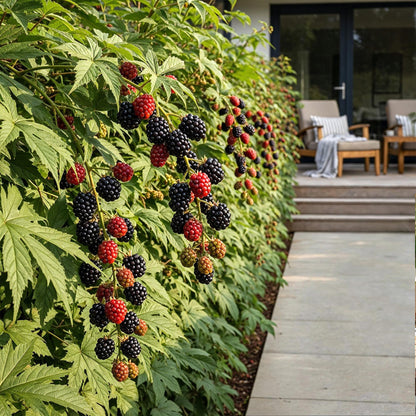 Ronce persistante Rubus Thornless Evergreen, une haie fruitière luxuriante avec des mûres à différents stades de maturité, du vert au noir i