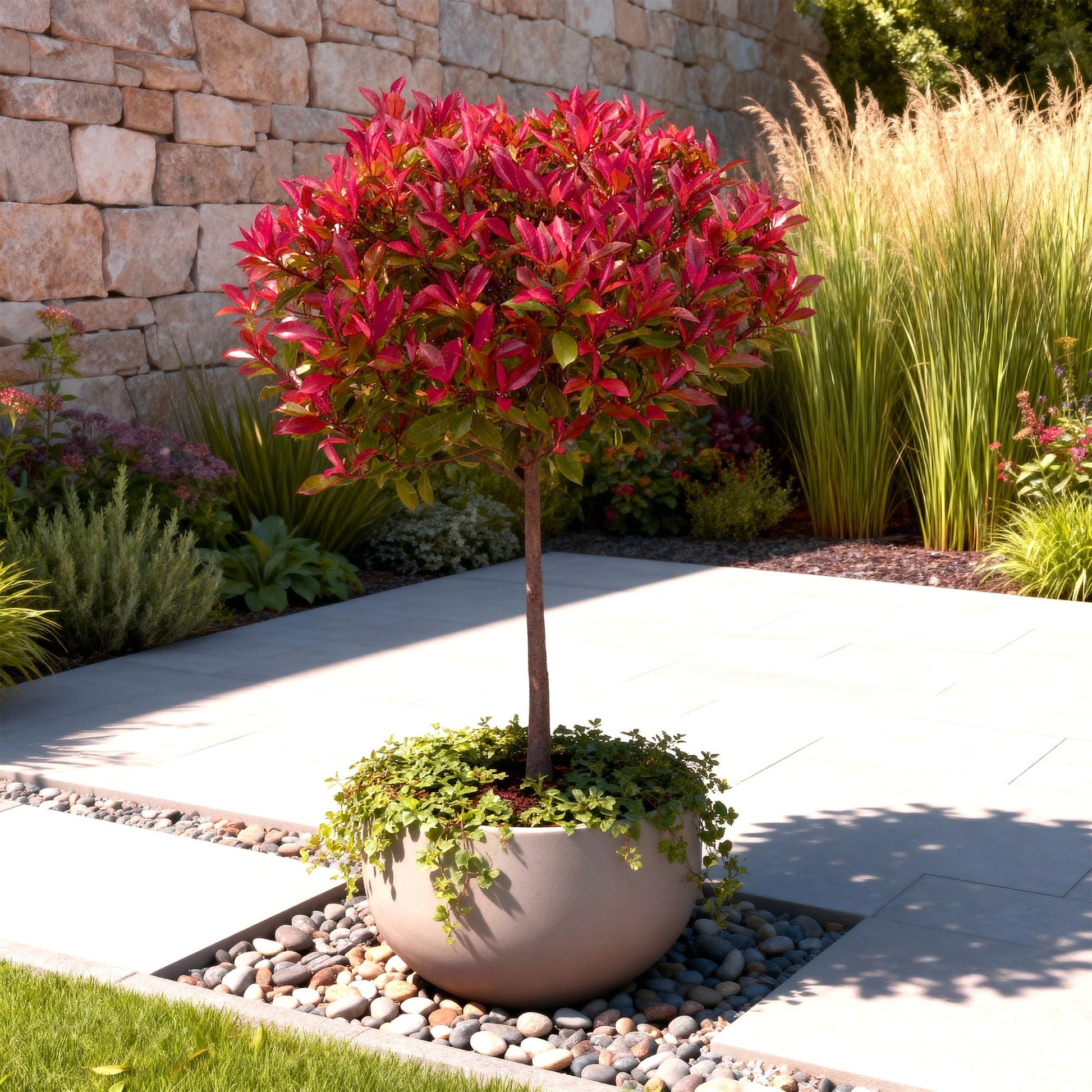 Photinia fraseri Carre Rouge en pot sur tige, aux feuilles rouge vif et vertes, mis en scène dans un jardin moderne avec murs en pierre.