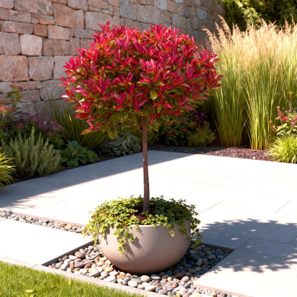 Photinia fraseri Carre Rouge en pot sur tige, aux feuilles rouge vif et vertes, mis en scène dans un jardin moderne avec murs en pierre.