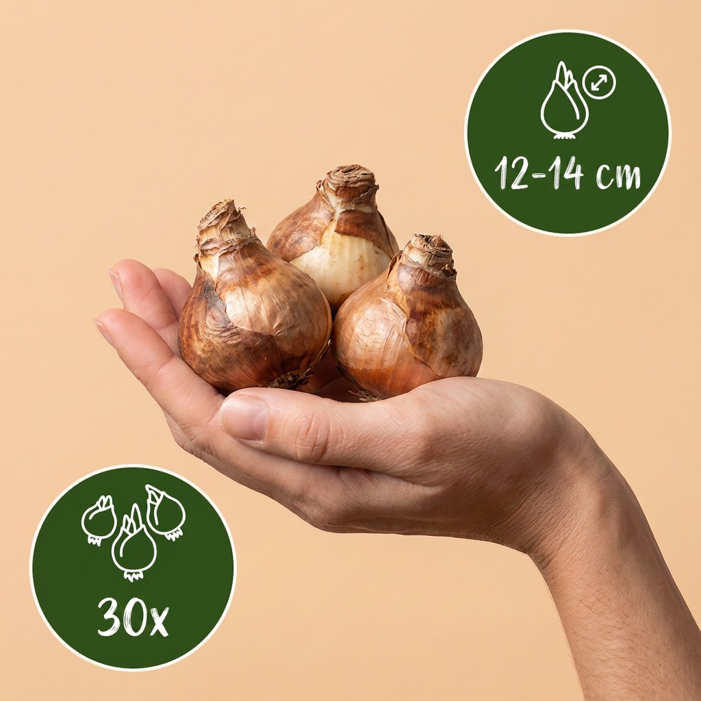 Bulbes de Narcisse à grande couronne en mélange tenus dans une main, calibre 12-14 cm, lot de 30 bulbes.