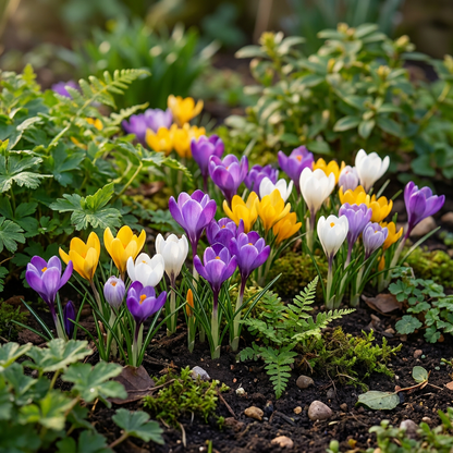 Massif de crocus aux couleurs variées, jaunes, blancs et violets, fleurissant dans un jardin.