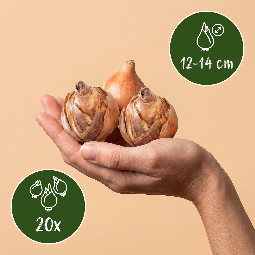 Bulbes de Narcisse Double en mélange tenus dans une main, calibre 12-14 cm, lot de 20 bulbes.