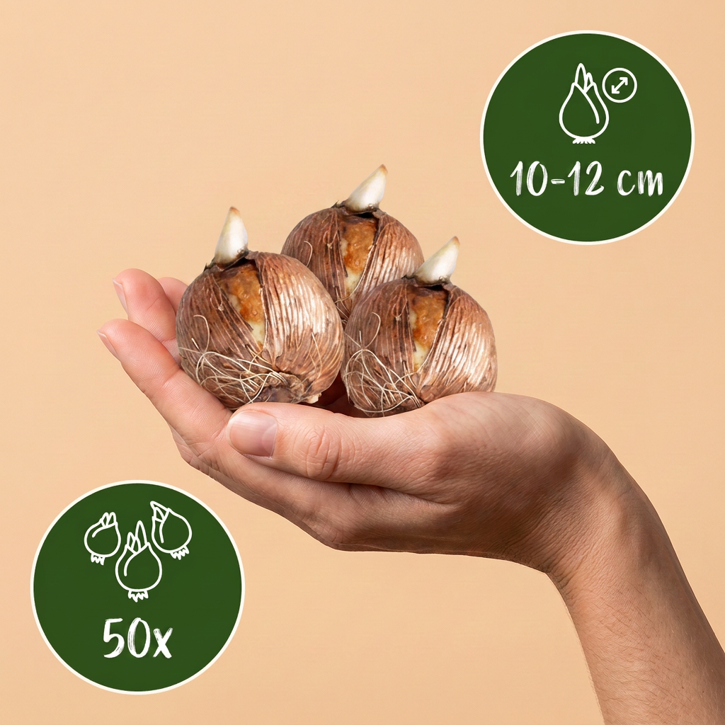 Bulbes de Mélange de bulbes pour jardin d'ombre tenus dans une main, calibre 10-12 cm, lot de 50 bulbes.