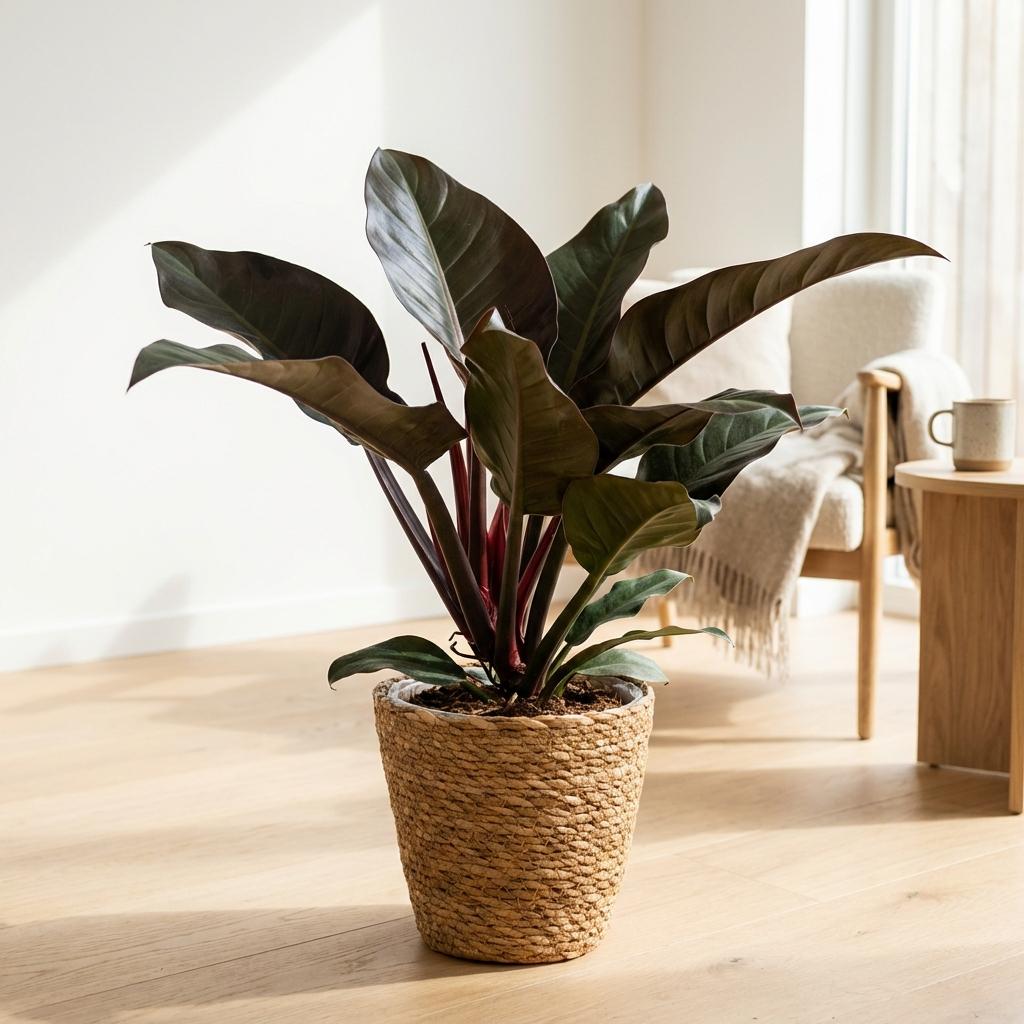 Grand Philodendron Imperial Red aux feuilles sombres et tiges rouges dans un pot tressé, posé sur un parquet clair