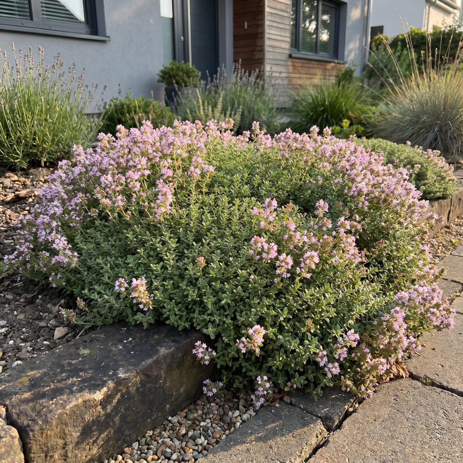 Thym de montagne rose ('Thymus praecox Minor') en pleine floraison dans un jardin ensoleillé, bordant une allée pavée.