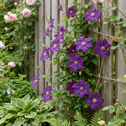 Clématite 'Étoile Violette' (Clematis) - grimpante à grandes fleurs violettes